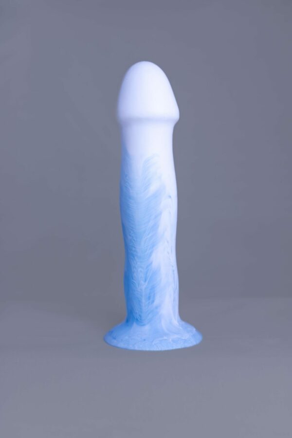 Strat'o – gode en silicone – vue arrière – couleur bleu et blanc marbré