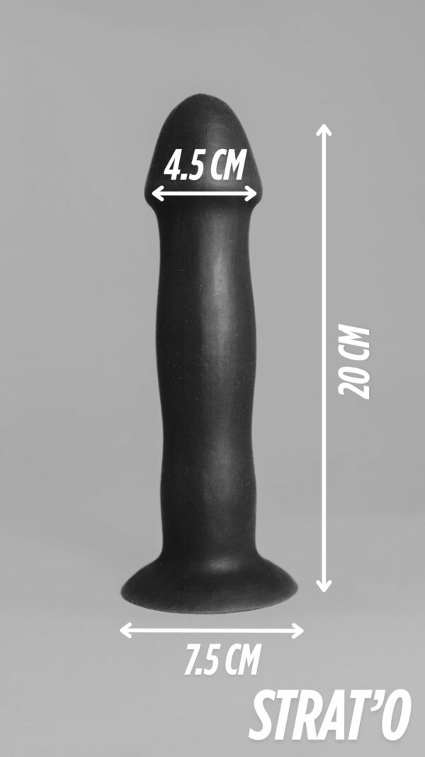 Strat'o – plug en silicone – schéma noir et blanc avec flèches indiquant les dimensions (hauteur, largeur, base)