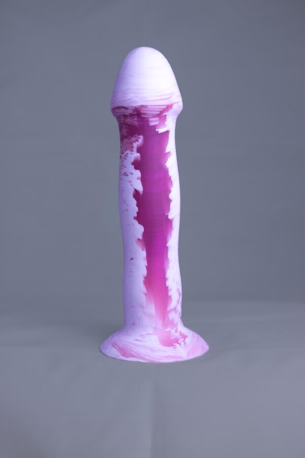 Strat'o – gode en silicone – vue arrière – couleur rose et blanc marbré