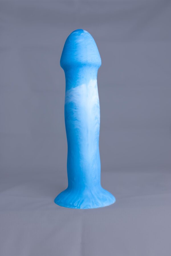 Strat'o – gode en silicone – vue de face – couleur bleu et blanc marbré
