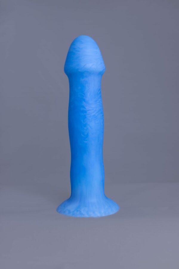 Strat'o – gode en silicone – vue de face – couleur bleu et blanc marbré