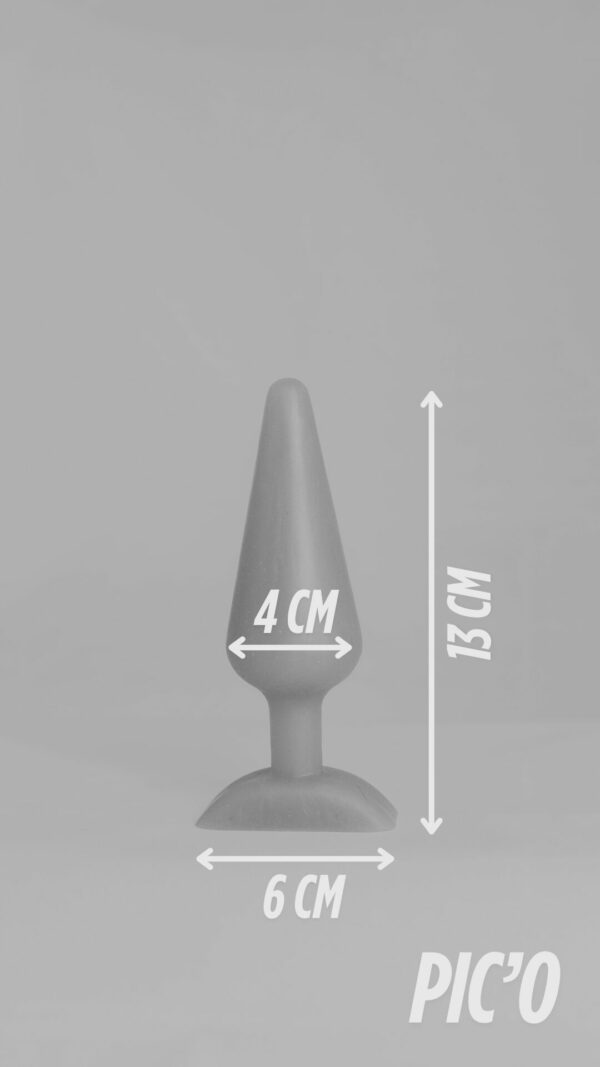 Pic'o – plug en silicone – schéma noir et blanc avec flèches indiquant les dimensions (hauteur, largeur, base)