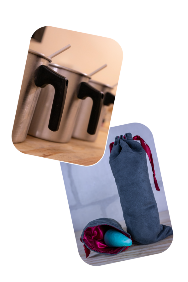 Ensemble pot contenant le silicone et pochette en tissus pour emballer les produits, fait main en France