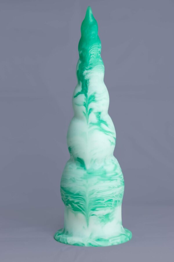 gode-spiro-marbre-vert-blanc-1-face-a Spir'o – gode en silicone – vue arrière– couleur vert et blanc marbré