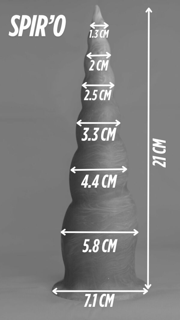 Spir'o – gode en silicone – schéma noir et blanc avec flèches indiquant les dimensions (hauteur, largeur, base)