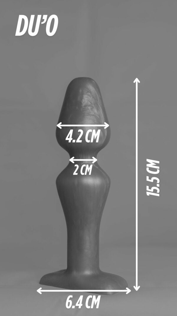 Du'o – plug en silicone – schéma noir et blanc avec flèches indiquant les dimensions (hauteur, largeur, base)